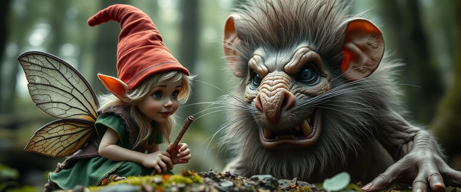 close up on pixie elf gnome and a giant troll intense huge funny mouse, with background motion blur, in magical forest scene, in the style of Rembrandt