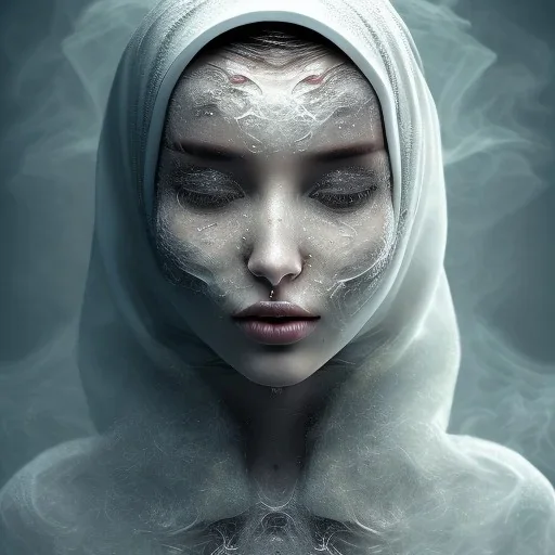 clouds of fog as woman's face, dissolving, disintegrating, turning to smoke, turning to fog, wearing hijab, fine detail, highly intricate, ghostly, modern surrealism painting, high-quality, volumetric lighting, 8k, ultrahd, George Grie, Marco Escobedo, Igor Morski,Brian Froud, Howard Lyon, Selina French,