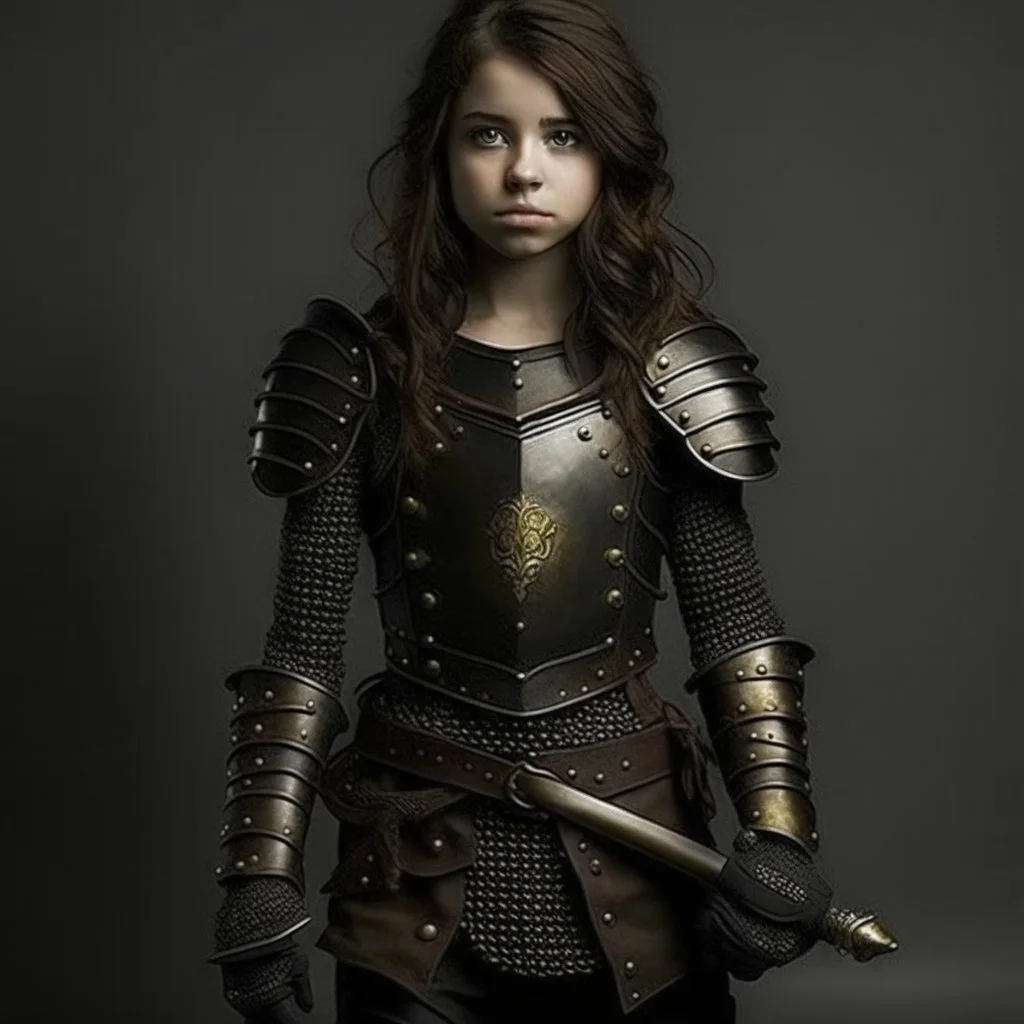 pretty girl, age 25, brown hair, black skin, european, armour, full-body