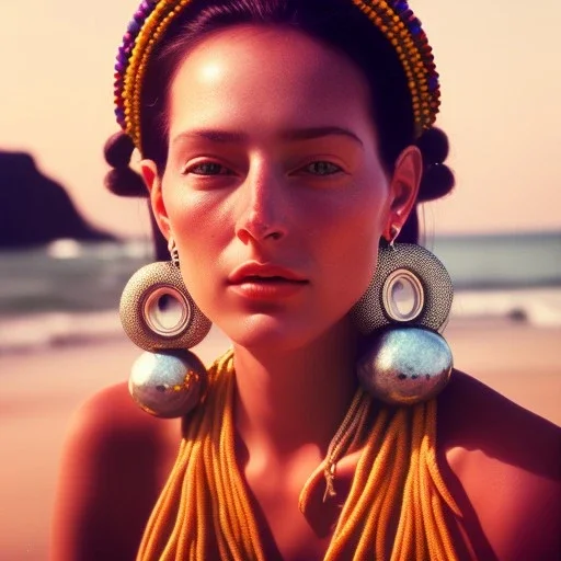 hyper realistic photograph, portrait of a beautiful happy southamerican woman, big silver earings, tied hair, summer :: film grain, Kodak portra 800, f1.8, golden hour --ar 2:3 --beta --upbeta