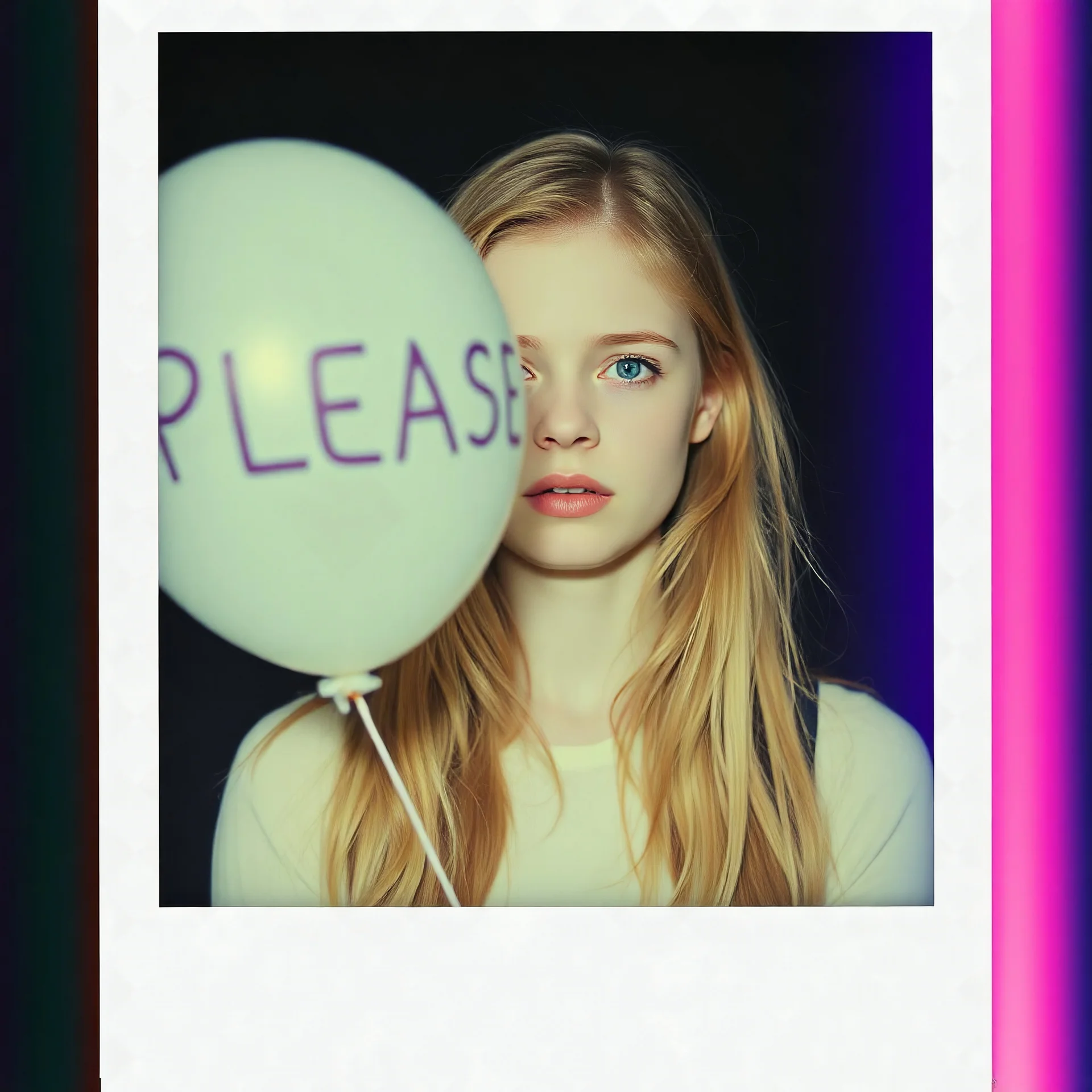 a young sad woman who looks like blond Elle Fanning, holding a balloon where is it written "PLEASE", surreal, liminal atmosphere, polaroid