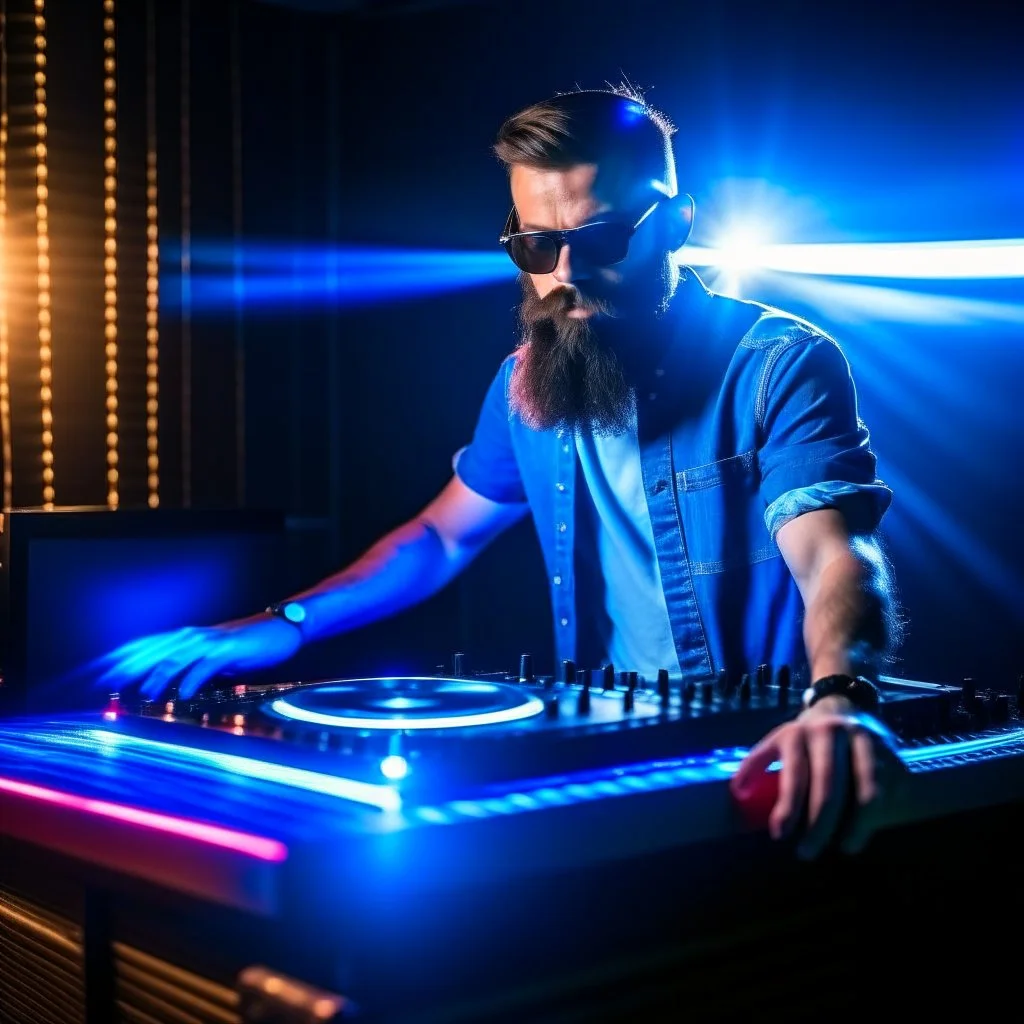 Dance hall ,dj play ,laser lights, l, beard DJ play music with DJ desk,