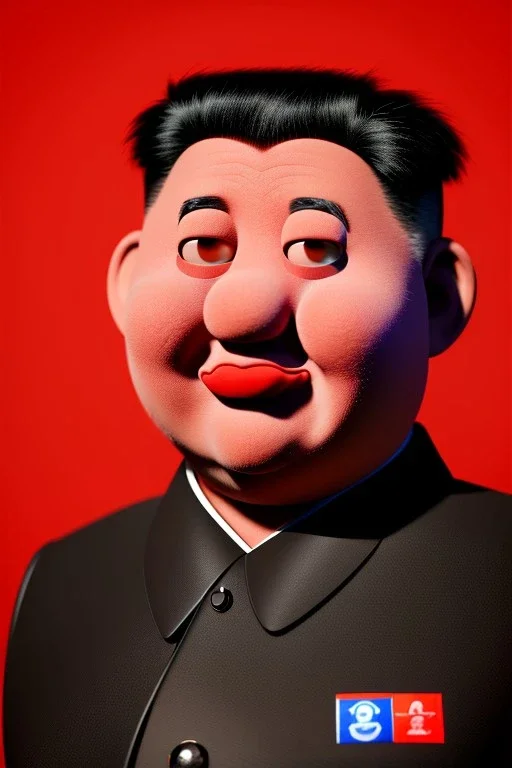 Waist up muppet Portrait, Kim Jong-un muppet doll, black suit, photo studio, red background, unreal engine 5, concept art, art station, god lights, ray tracing, RTX, lumen lighting, ultra detail, volumetric lighting, 3d.