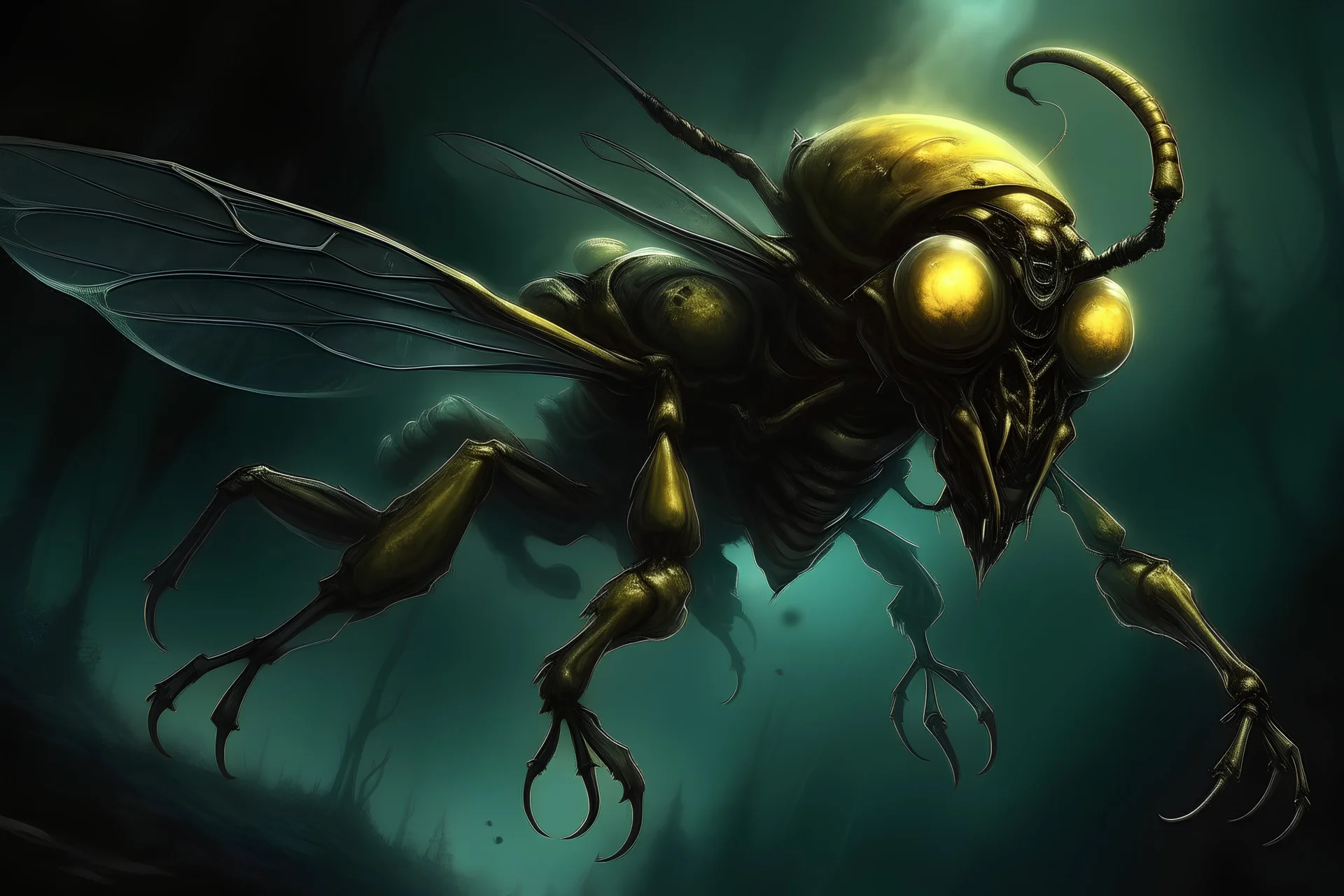 A gigantic mutant anthropomorphic wasp monster flying menacingly on a dark night, digital art, fantasy