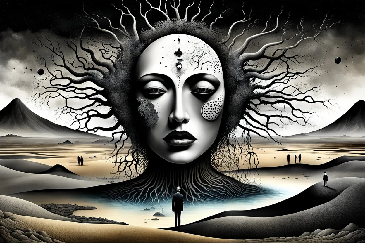 neuro deep, dark nightmare, inner world and dynamics of the uncontrolled mind ans soul, chaotic, lonely portrait like little island in the cold deep Sahara, a surreal cracked painted weird land. Whimsical style of Chagall meets the dark visions of Minjae Lee and Anton Semenov, lonely, sad lives and absurd beauty. The broken, weird inhabitants of this bizarre landscape, rendered in dark gray, purple, black colors, dark dunes, thick layers, impasto paint, surreal vibe