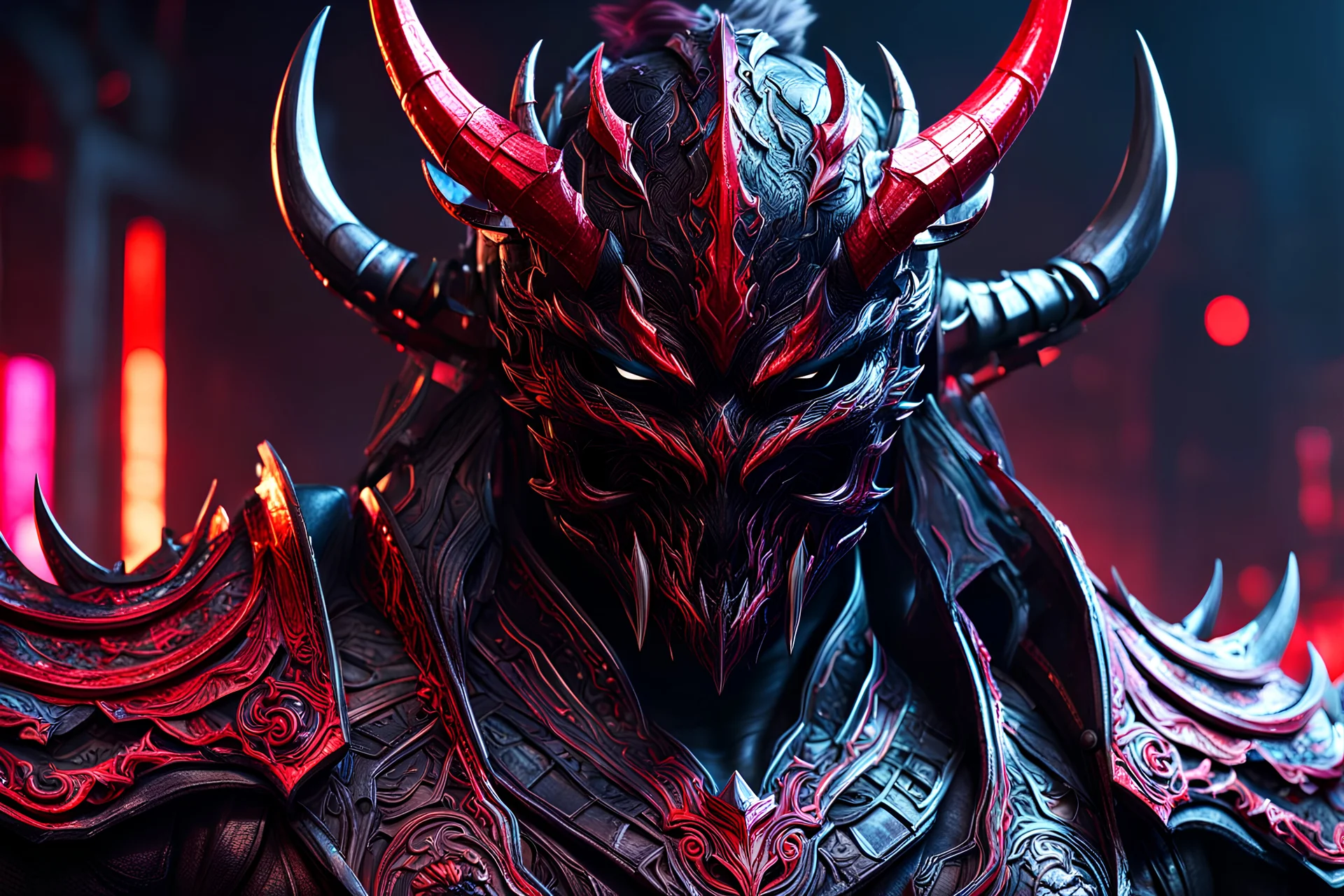 Carnage oni in 8k bloodborn artstyle, ronin costum, galaxy mask, cover face, dynamic pose, oshare kei, hurufiyya, rtx , neon lights, intricate details, highly detailed, high details, detailed portrait, masterpiece,ultra detailed, ultra quality