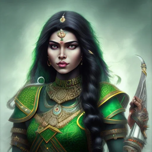 fantasy setting, indian woman, dark-skinned, green and black wavy hair