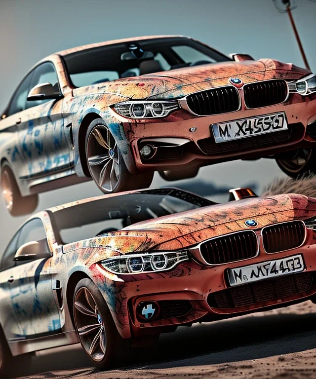 Realistic image. BMW 4 2024. 4k resolution, intricate details, ornate details, soft lighting, vibrant colors, mad max background