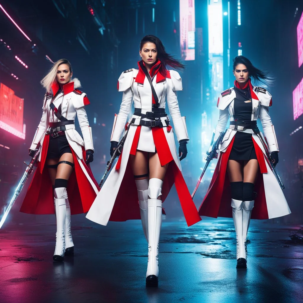 In a cyberpunk battlefield, four female redcoats in thigh-high boots and white skirts blend tradition with futuristic elements. Armed with short swords and flutes, they move with deadly grace, their melodies intertwining with the chaos of war. This unique fusion of past and future creates a mesmerizing spectacle on the battlefield. Their high-tech upgrades and classic attire make them legends in the realm where history meets innovation.