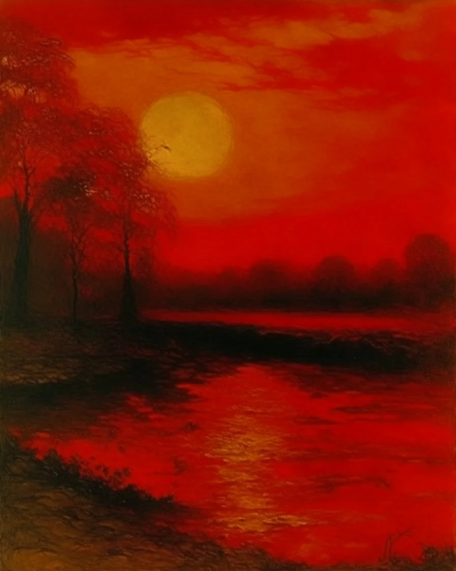 A red oasis near a fiery kingdom painted by Albert Pinkham Ryder