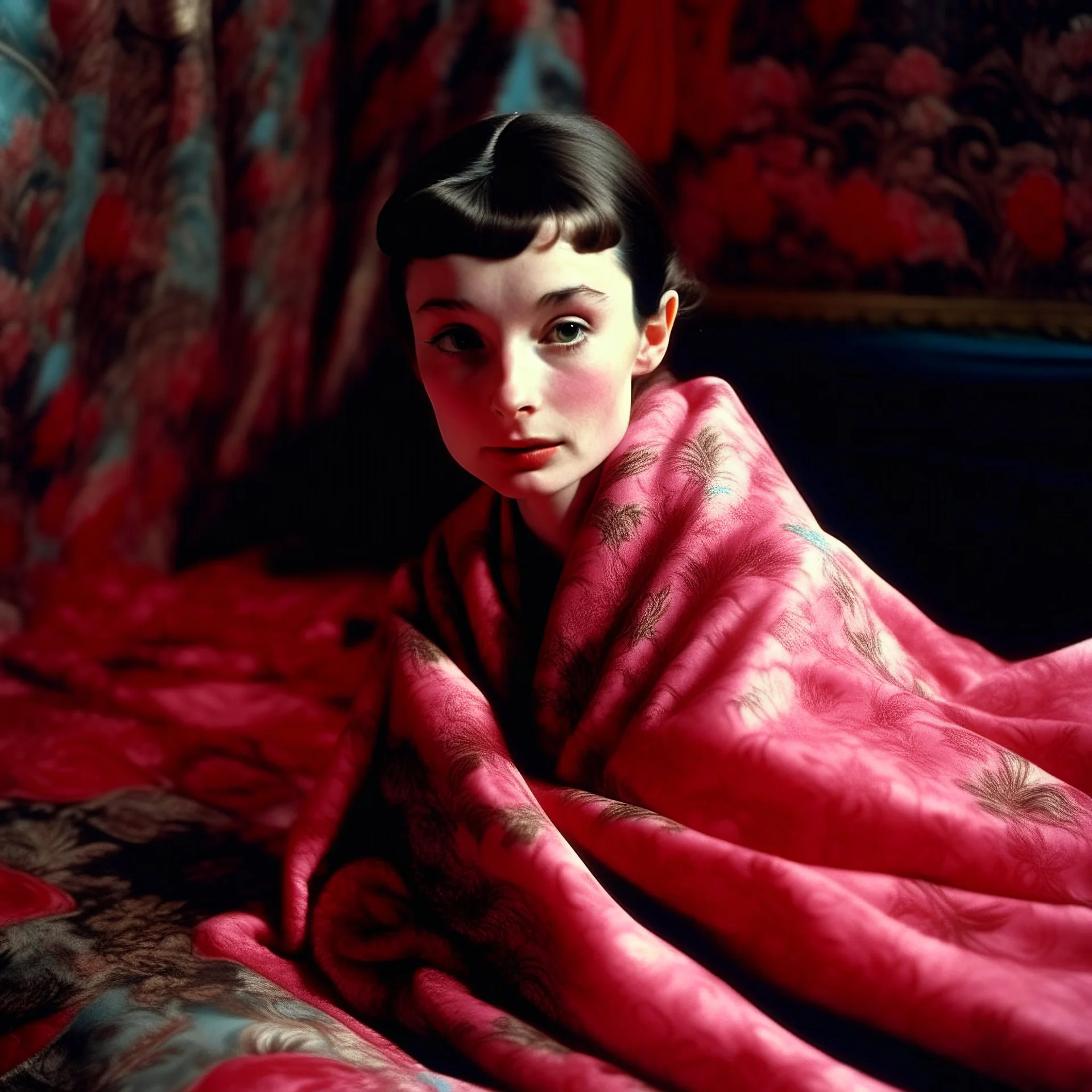Audrey hepburn, grunge, in a red and pink blanket, autochrome, baroque, studio