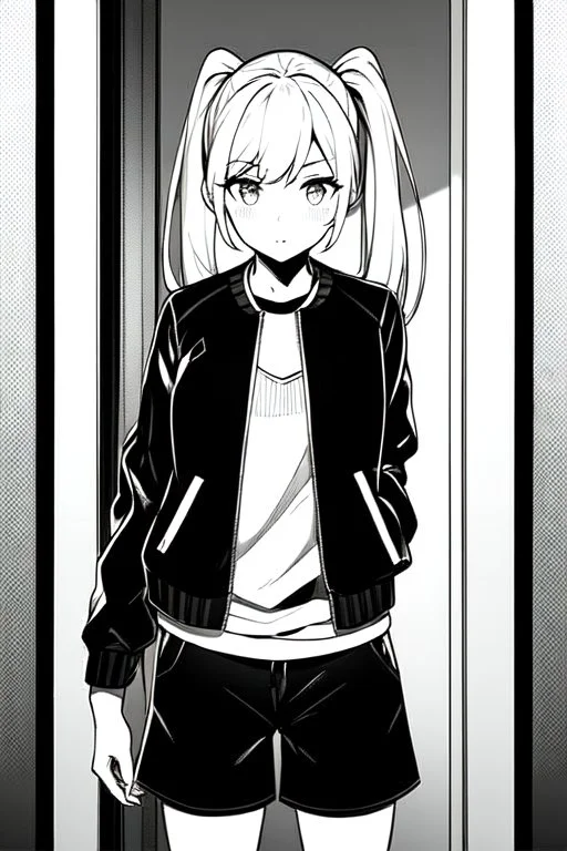 blonde girl with ponytails dressed in a jacket and shorts walks proudly in a corridor, greyscale