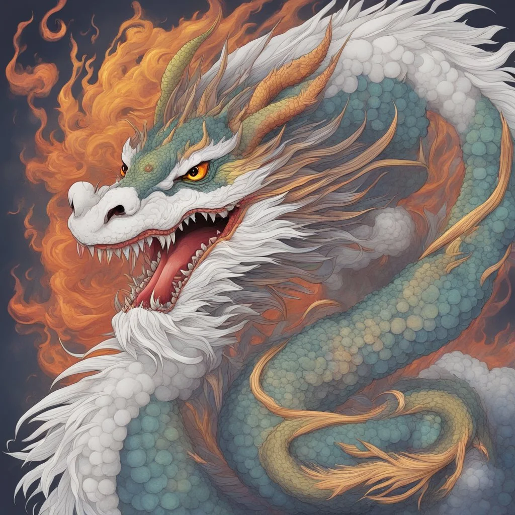 a colorful asian dragon with curly white fur, smokey breath, fire, claws, spikes along back, long tail, attaching