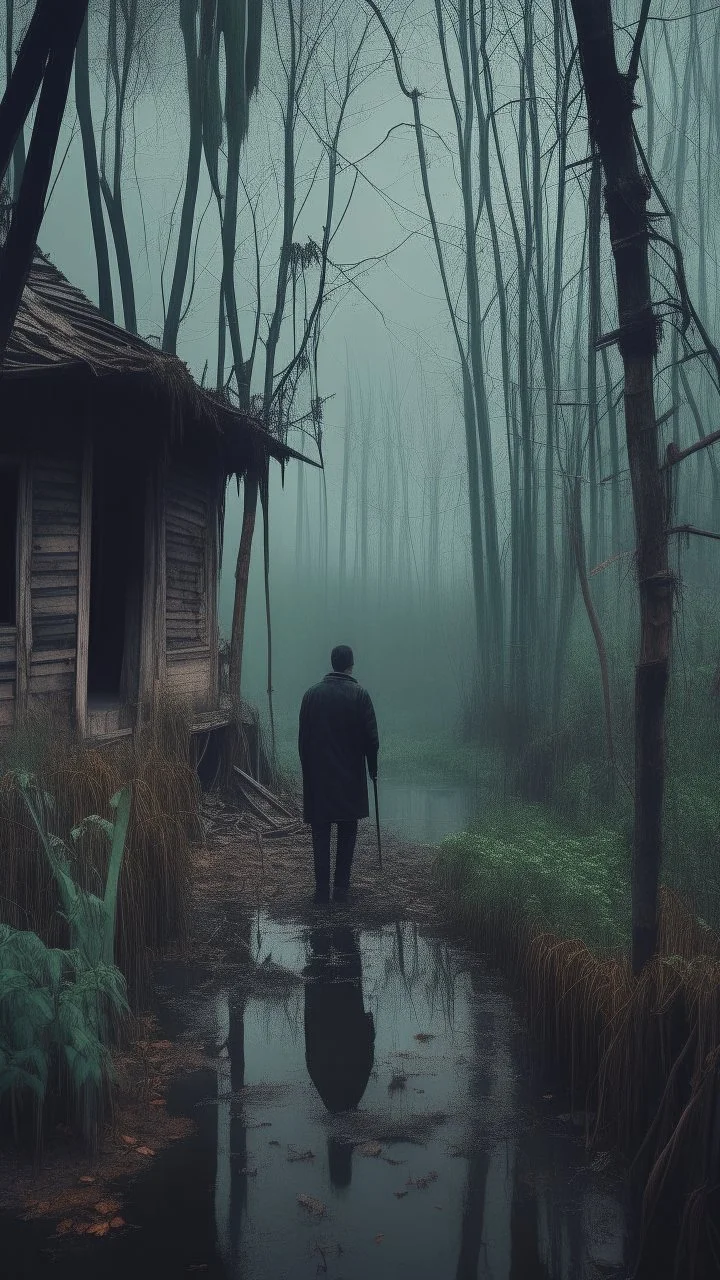 A swamp surrounded by bamboos long trees in cloudy, depressing, foggy, with a dim of light in the distance , there.is an abandoned old house covered with leaves. A back view close look at very tall skinny man in black turn his head to you with open eyes and mouth