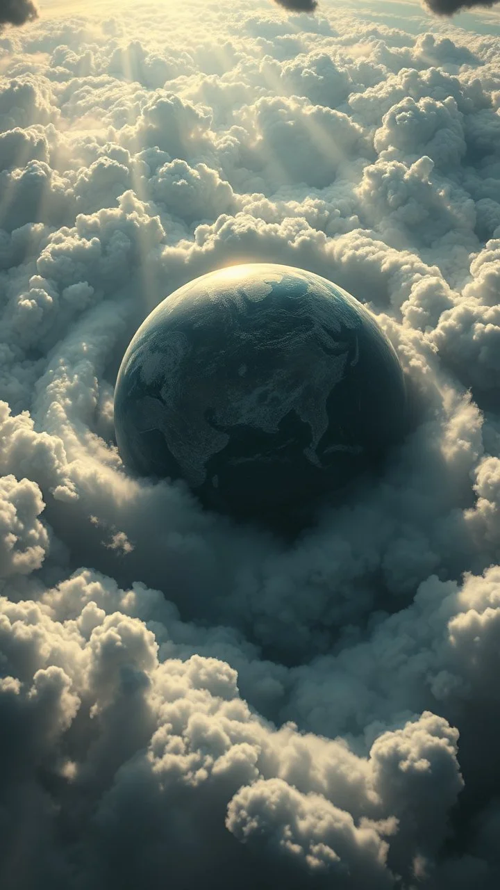 Planet earth hovering above swirling clouds, emerges from the heart of a raging storm. Turbulent winds of steam swirl around the iconic structure, lit by shafts of sunlight that cast dramatic shadows , A large mouth trying to eat earth , High quality 16k cinematic scene and great photography