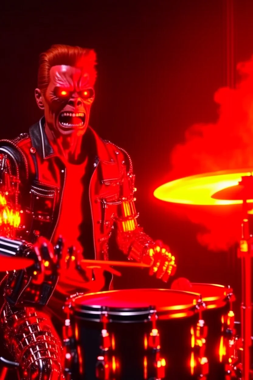 4k realistic terminator surrounded by flames playing hardrock drums