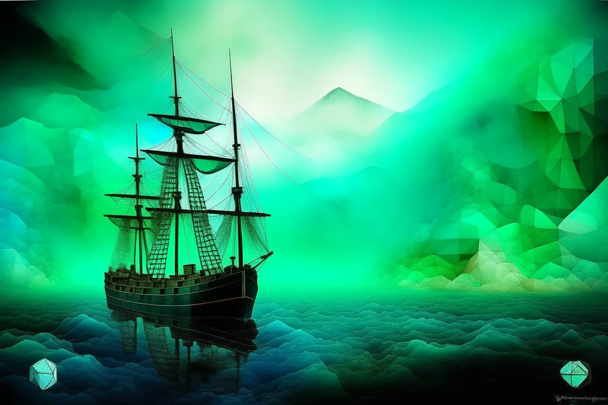 Sinking world, 3D, mist and smoke, black, turquoise (a little bit closer to the green) and white color, hard rain, and watercolor patchwork by Picasso and Caspar David Friedrich and Daniel Merriam digital painting award winning fantastic view high definition abstract surreal no watermark