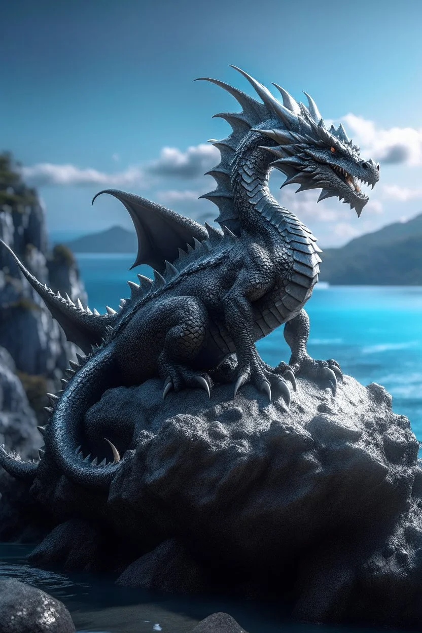 Ultra realistic photo of Dragon sitting on top of a rock next to a body of water concept ,full size, science, technology,future,electric ,futuristic style, design, practicality,manufacturability,performance, performance, HOF, professional photographer, captured with professional DSLR camera, trending on Artstation, 64k, full size, ultra detailed, ultra accurate detailed, bokeh lighting, surrealism, background,(((realism, realistic, realphoto, photography, portrait, , realistic, beautiful, elegan