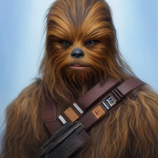 photorealistic and intricate portrait of chewbacca in star wars by tom bagshaw, wearing beskar armor, deep dark colors, hyperdetailed, 32K, oil on canvas,