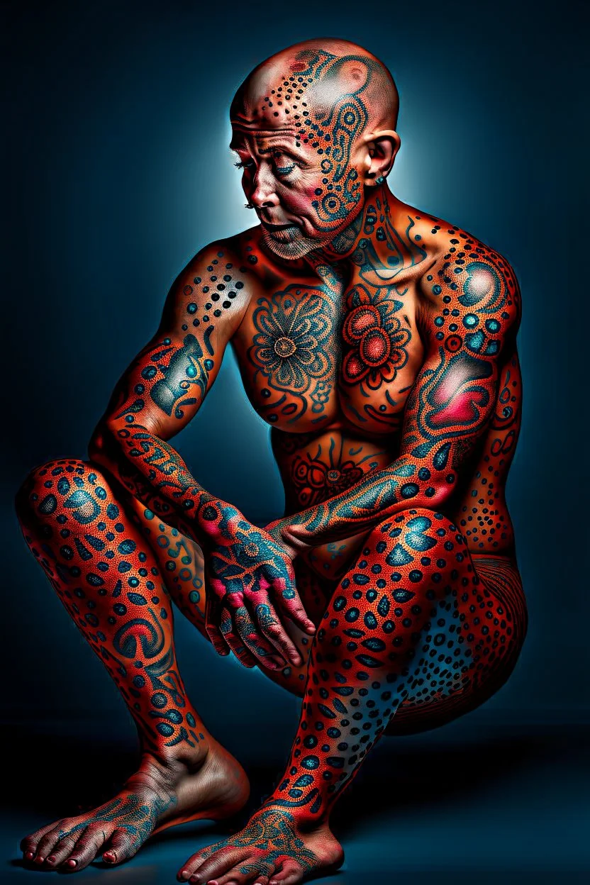 a full body display of a beautiful man with cancer, his skin composed of cancer shaped cells, they cover his entire body like a tattoo, symbolic for wearing his illness on the outside, no hair, in a dramatic pose in a photo studio, he sits with his face slightly hidden as he is shamed, lighting with focus on skin, ultra photo realistic, 32k, highly detailed,. selective colors