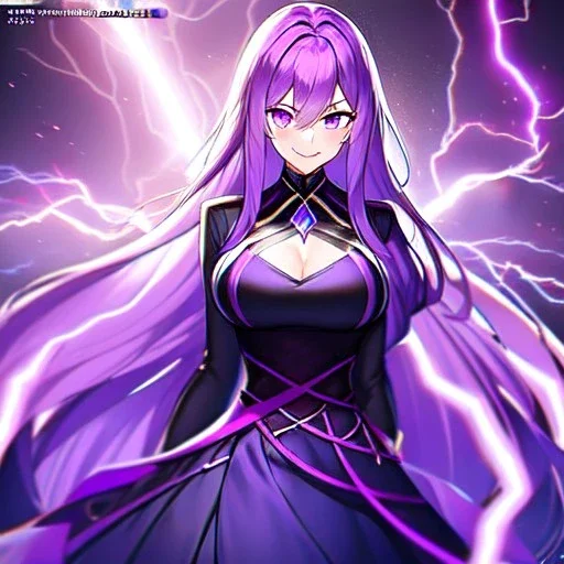 Clear focus, 8k, high quality, detailed, beautiful lighting, girl, vibrant colors, purple long hair, vibrant purple eyes, lightning magic, smile, angry