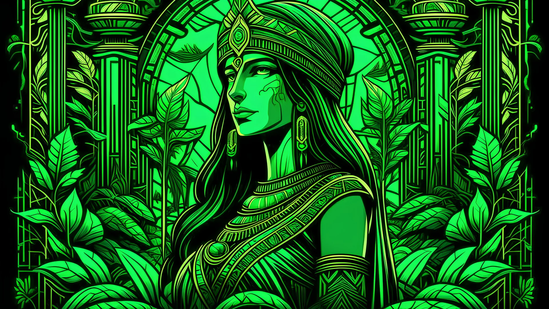 Alinor Maple in shades of green with an Egyptian theme, in black light art style