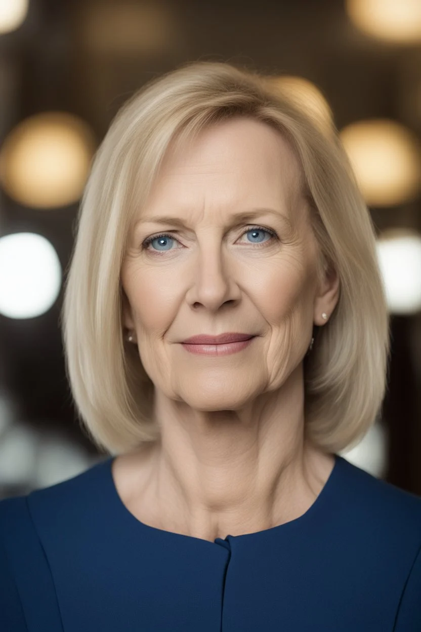 Powerful classical portrait of a modern blonde politician in her late 50s wearing a blue top