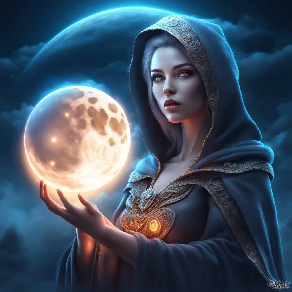 Photo of a luminescent woman mage at night holding the moon in her hands:: eye_level perspective :: dark, CGSociety, ZBrushCentral, digital illustration, space background, 3d shading, fantasy art digital painting, digital illustration, extreme detail, digital art, 4k, ultra hd Smoke, smoke clouds, fog, mist, clouds