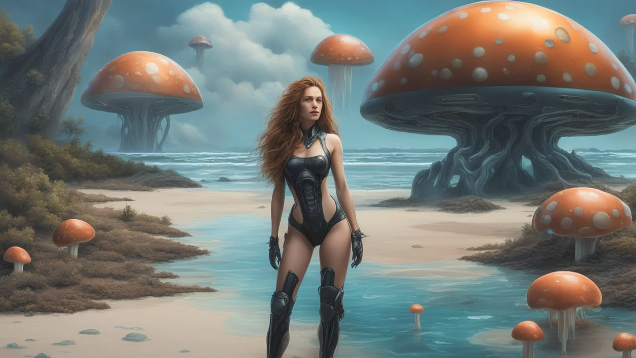 A Long-Haired Woman In A Robotic-Looking Catsuit Standing On A Beach, With Flying Mushrooms with Jellyfish Tentacles, a crashed Spaceship lying in the water, and a Forest in the distance, photorealistic