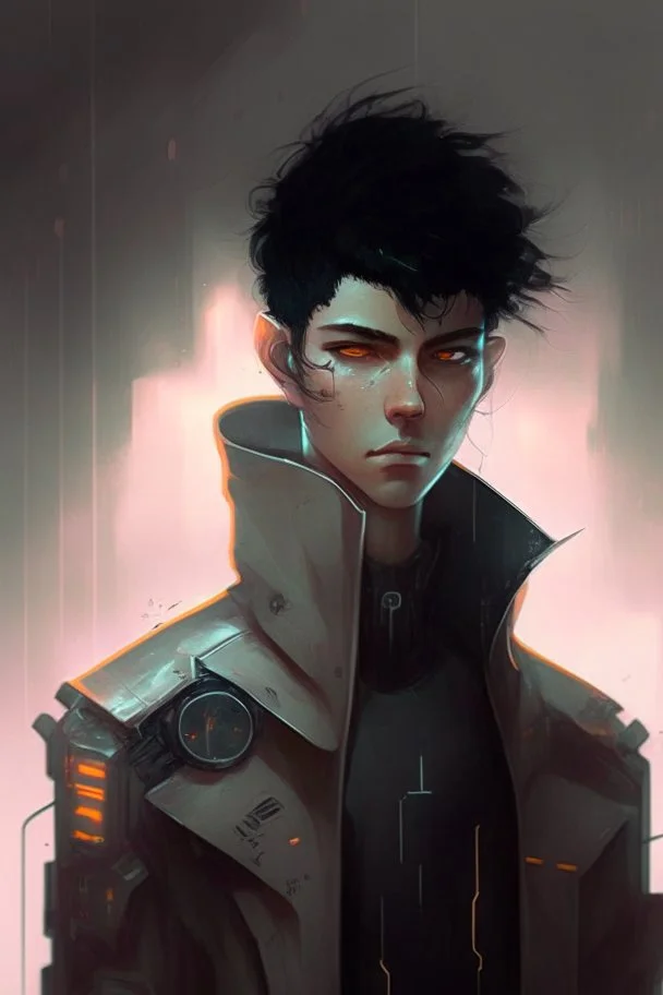 Cyberpunk netrunner, black hair, short hair, cybernetic eyes, standing in mists, Male, Spanish, dark art, Ivory Peach skin, cute