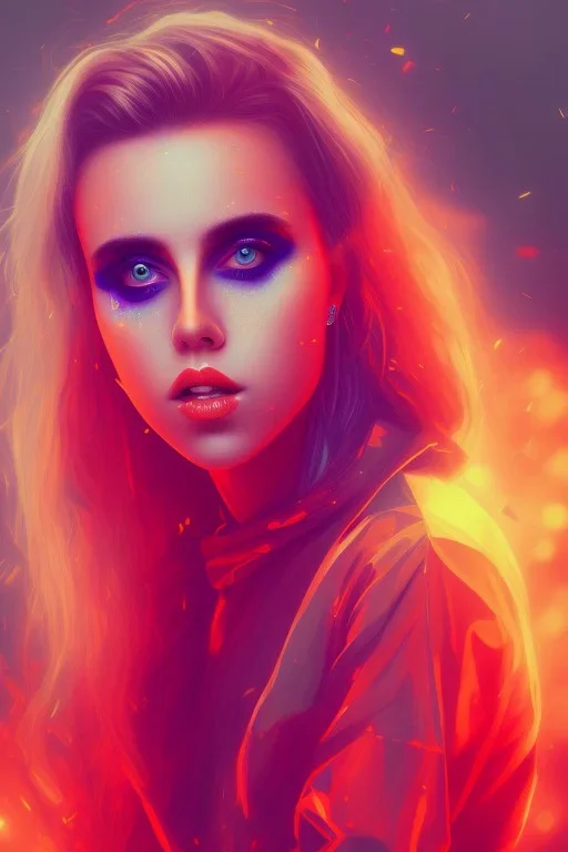 danish singer mø face, cyberpunk,orange tones, style free