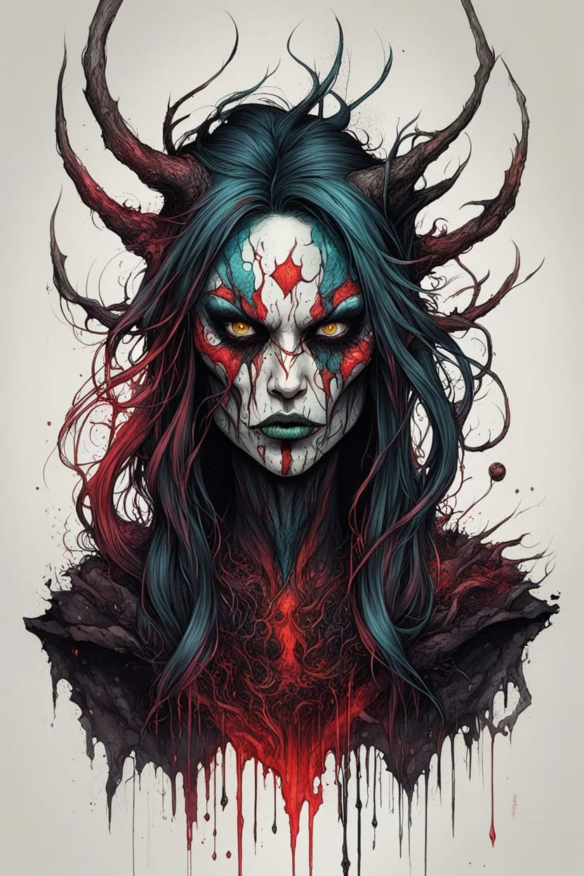 highly detailed full color concept illustration of a treacherous female Bruxa character , maximalist, sharp focus, highest resolution, in the styles of Alex Pardee, Denis Forkas , and Masahiro Ito, boldly inked, 8k, coarse, gritty textures