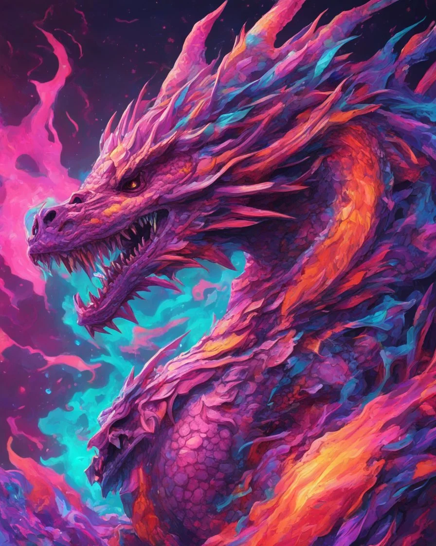 Close up shot, Dragon in a vibrant synthwave dreamscape, neon chaos swirling energetically around pixelated forms, a dynamic fusion of retro gaming nostalgia and futuristic abstraction