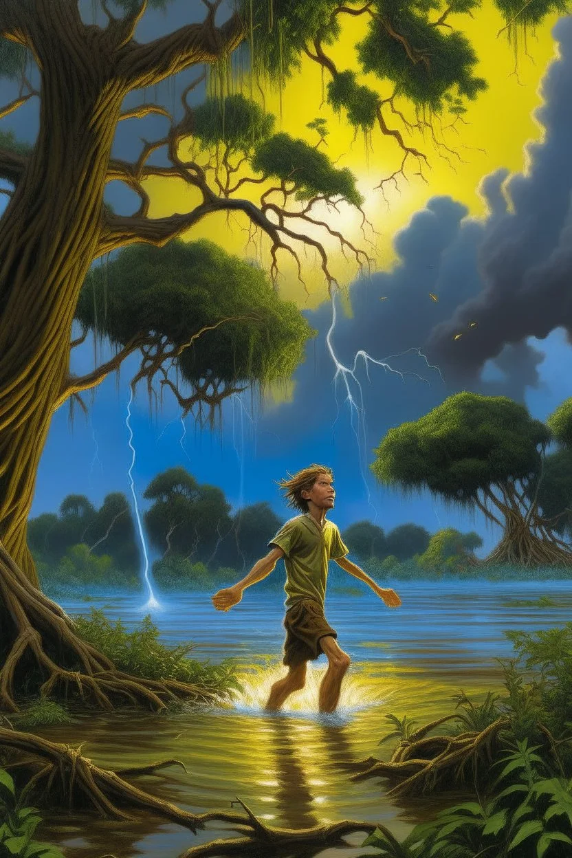 A young man with his limbs replaced with fruit trees floats above a swamp casting lightning bolts
