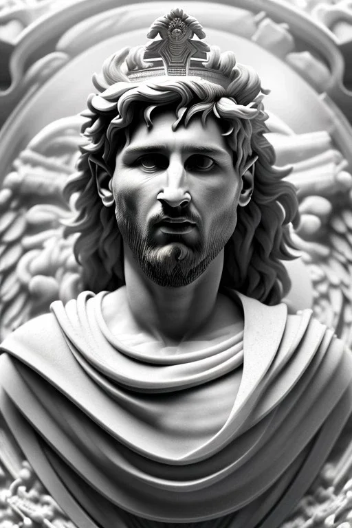 Ultra Realistic image, Roman sculpture, white marble material, Lionel Messi, sun radial crown, chisel style, waist up portrait, epic, celestial, cinematic lighting, God light, god rays, 4k resolution, smooth details, ornate details, soft lighting, unreal engine 5, marble background.