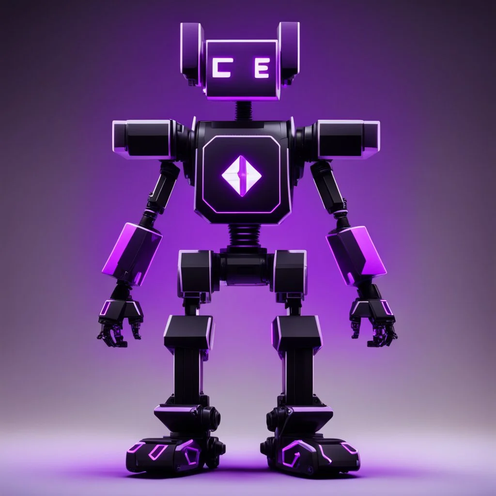 black and purple neon geometric bipedal robot with no arms that has a plus sign symbol for the 'eye' in a black monochrome world