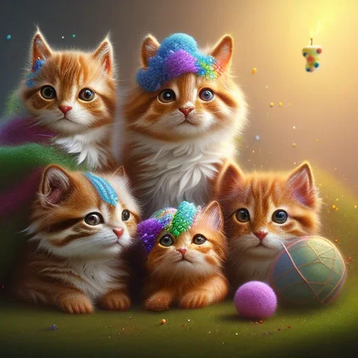 multiple gingerbread kittens, gumdrop eyes, vibrant, ball of yarn, 8k resolution, centered, high-quality, fine-detail, digital art, detailed matte, volumetric lighting, illustration, 3D octane render, brian froud, howard lyon, greg rutowski, George Grie