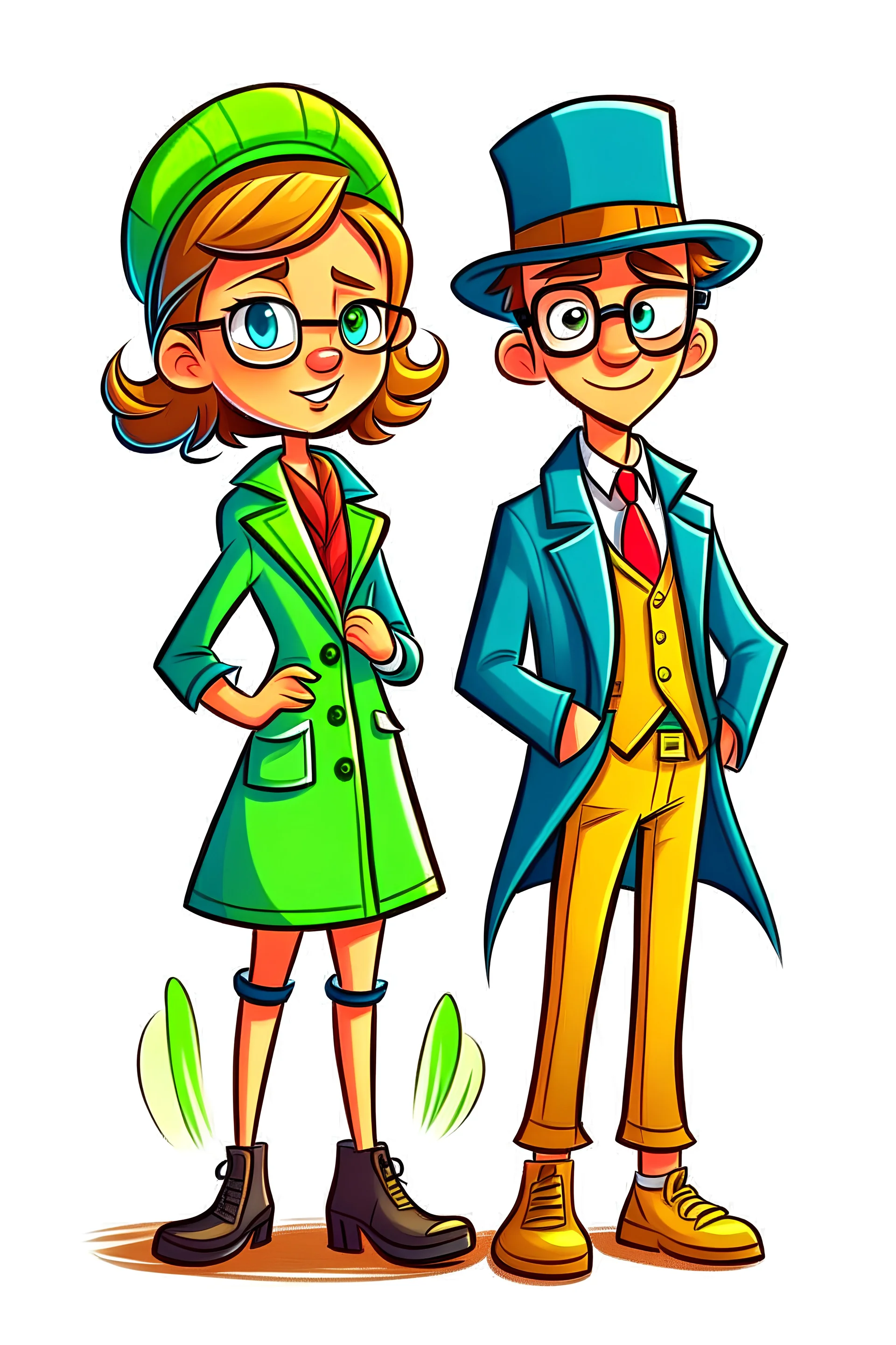 A funny and dynamic illustration of a 10-year-old boy and girl, dressed as detectives