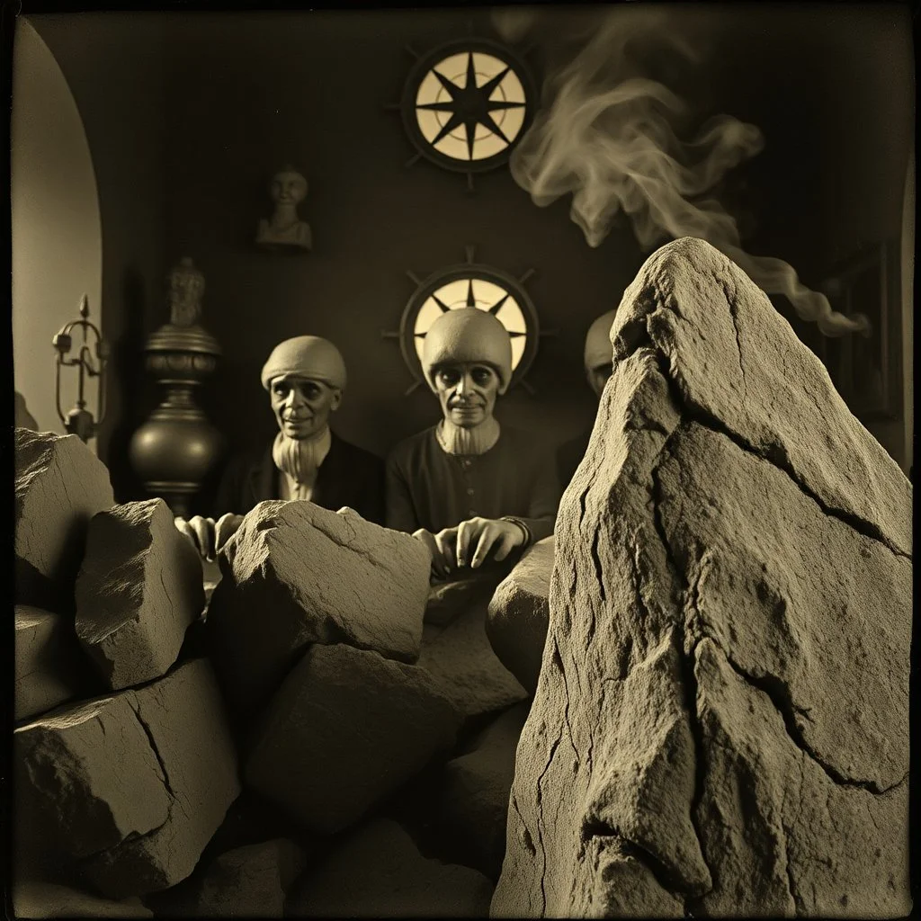 photo, 1920 horror movieshot, rocks, very odd objects in background, Ades, Charon, tenebroso, macabro, marcio, interno museo, fiotti di liquido nero che zampillano, hypermaximalist, strangeness, sundial light, odd, intricate, Lawrence Alma-Tadema style, albero, hypnotic, eerily mysterious, artistic photo, shot on Hasselblad, sadness, follia, smoke, daguerrotype