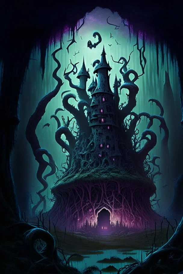 A frightening mushroom forest dungeon with a twisted bramble evil castle in the background