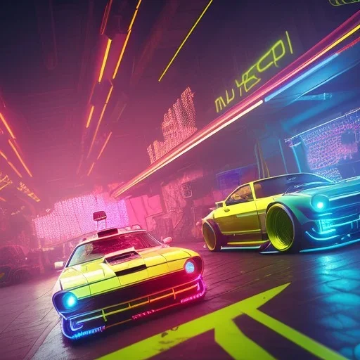 cyberpunk hyper car,cyberpunk 2077,center composition, ultra realistic,shiny, smooth, studio quality, octane render, Surrealism, Triadic colour scheme,glow-stick, ambient lighting,nightclub lighting, polaroid, 100mm, --ar 1:1 --v4