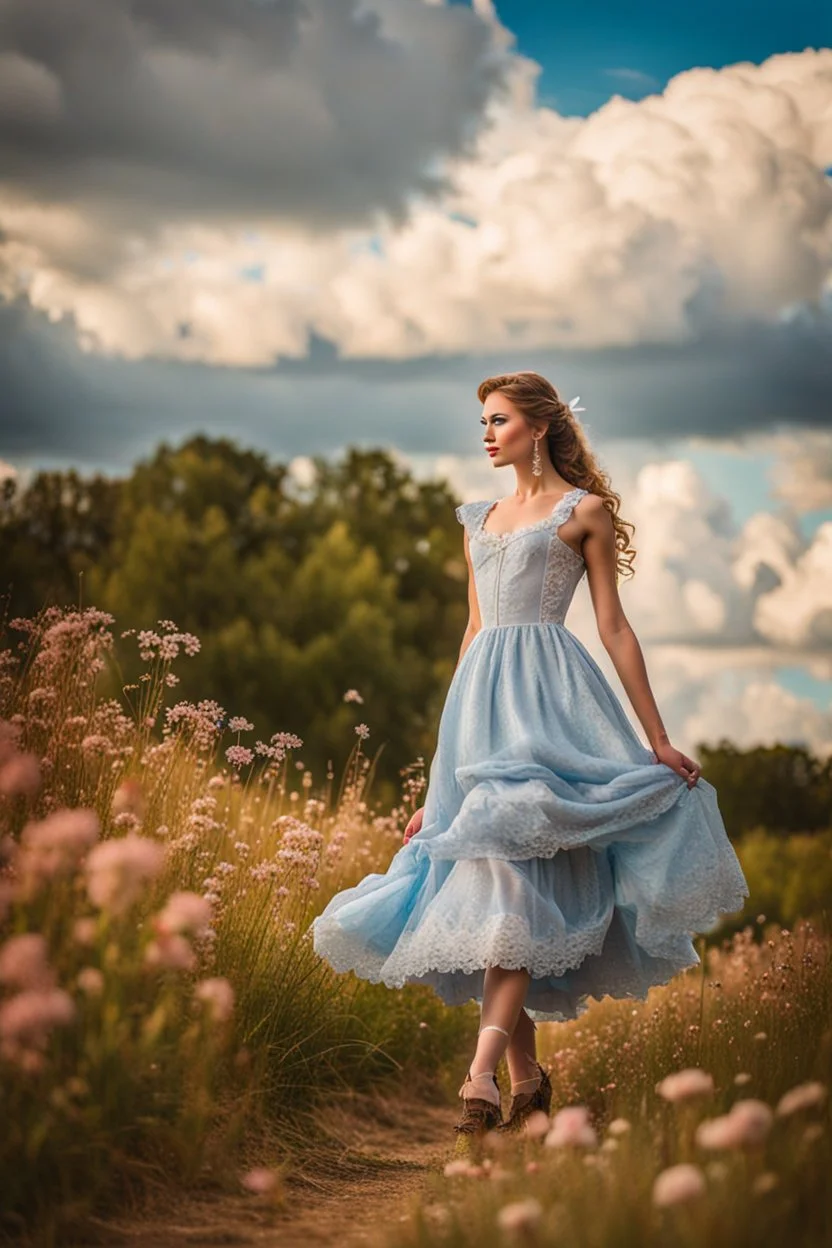 fullbody girl makeup wearing a victorian dress walking in country side ,flowers ,pretty clouds in blue sky