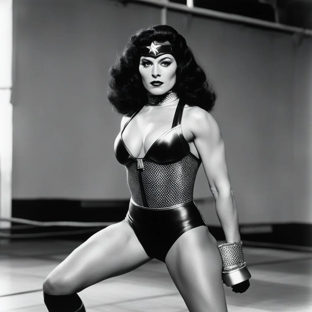 [high res photo by helmut newton] Oro wrestler Sherry Martel as a super heroine on the ring