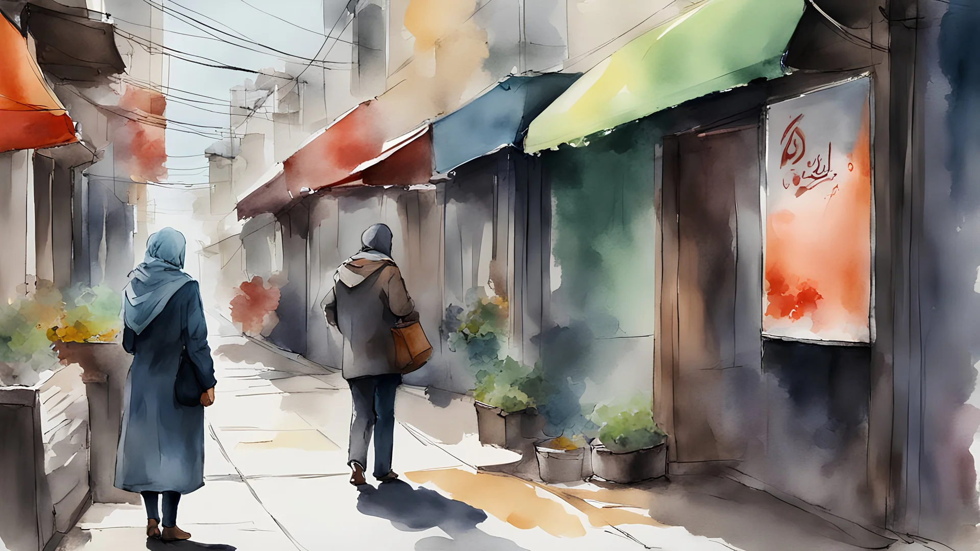 water color, digital painting, Iran, Side walk. salesman woman's by the street. hijab.