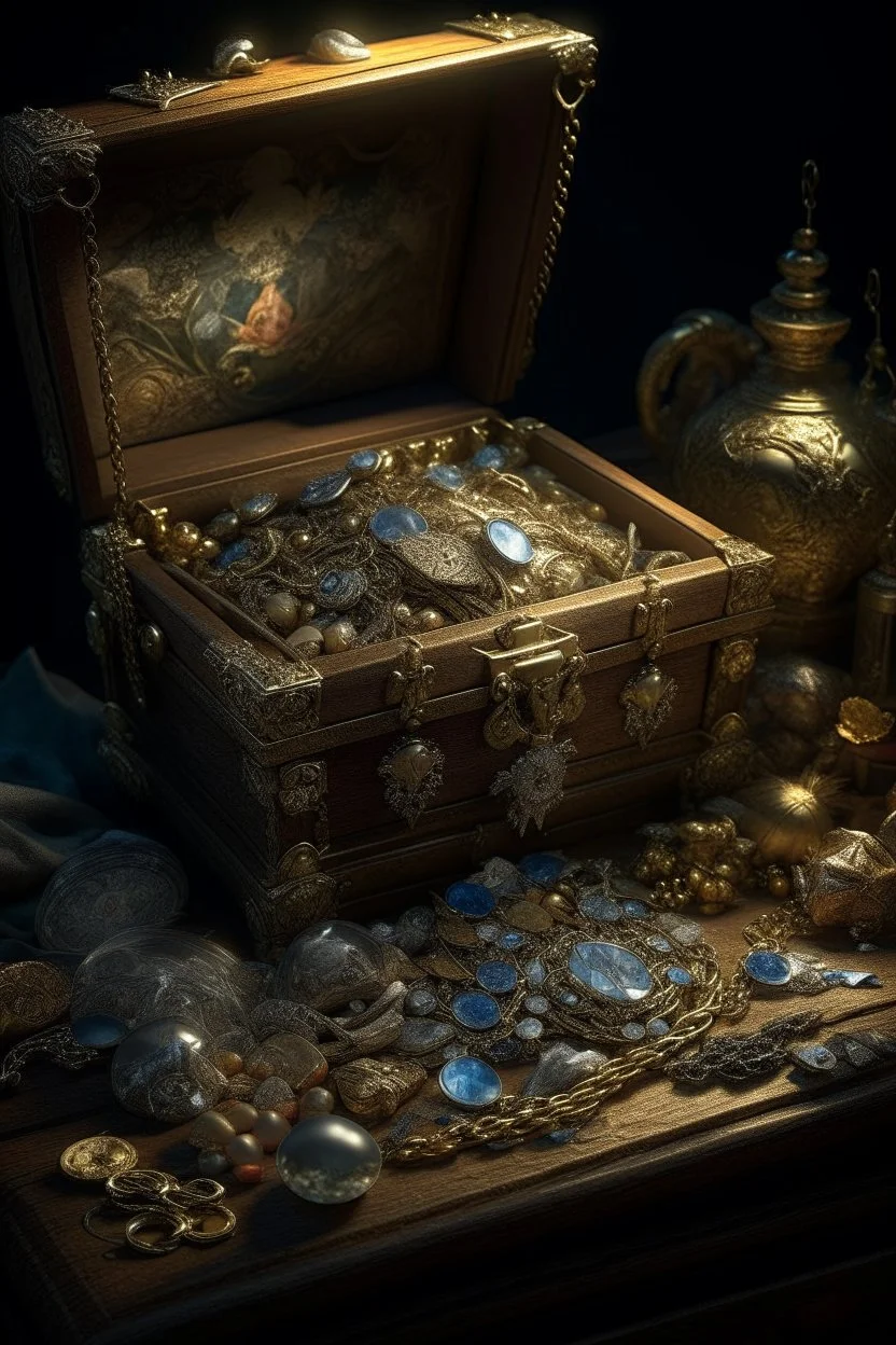 Classism painting style treasure pirates box of jewelry and hdiamonds ,intricate insanely , ,detailed octane render trending on artstation, 8k artistic photography, photorealistic concept art, soft natural volumetric cinematic perfect light, chiaroscuro, award-winning photograph, masterpiece, oil on canvas, Raphael, Caravaggio, Greg Rutkowski, people, beksinski, Giger