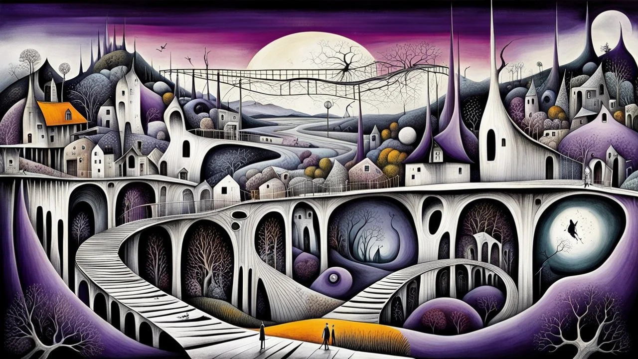 whimsical, weird long thin houses stand in village in weird whimsical landscape with long bridges, , futur-surreal vibe with abstractions, around surreal cracked painted weird land with dark purple, gray, black, white, brown colors. style of Chagall , of Minjae Lee and Tim Burton, absurd beauty picture. weird bizarre absurd, nightmare, big neuron network background and thin bridges, surreal cinematic vibe