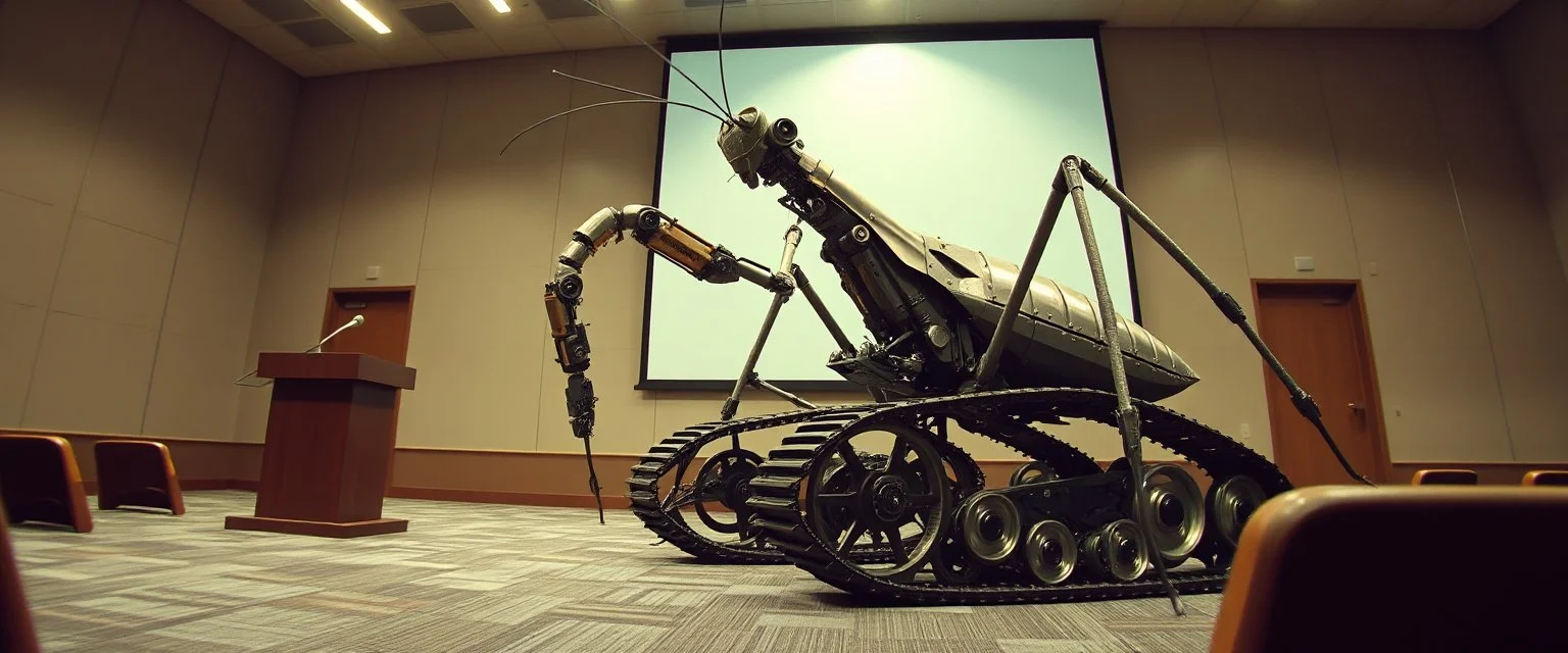 in the style of Escher and Giger , pinhole cam, airbrush 3d rendering, on tv screen:A five-second cinematic single take in a clean industrial presentation hall. A bizarre mechanically plausible tracked atv machine stands beside a presentation podium, designed to look like a giant mechanical praying mantis. Two large bicycle wheels form its main body and four thin articulated mechanical legs support it. Two long folded mechanical front arms resemble mantis forelegs, huge head and arms