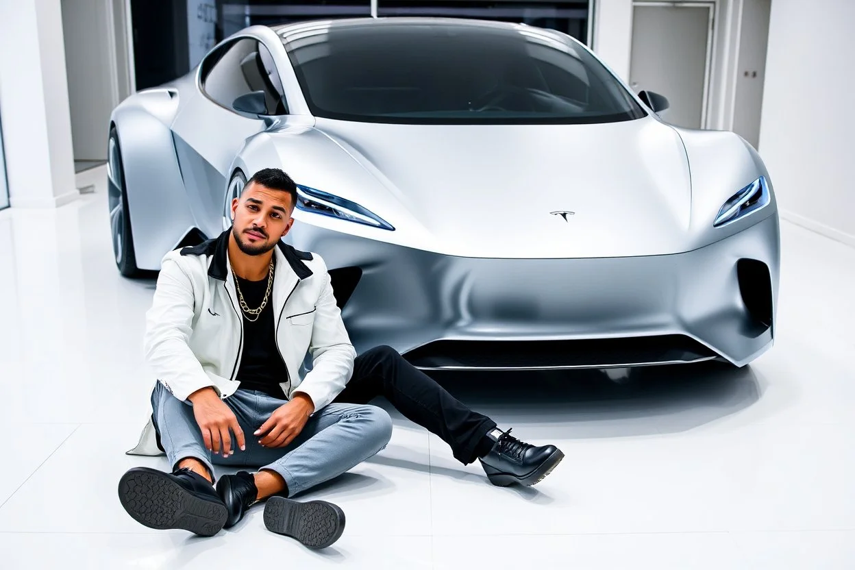 The image shows a man sitting on the floor in front of a futuristic-looking silver Tesla Cybertruck. The man is wearing a white jacket, black pants, and black shoes, accessorized with a chain necklace. The setting appears to be a sleek, minimalistic indoor showroom with white floors and walls, giving the scene a modern, high-tech atmosphere.