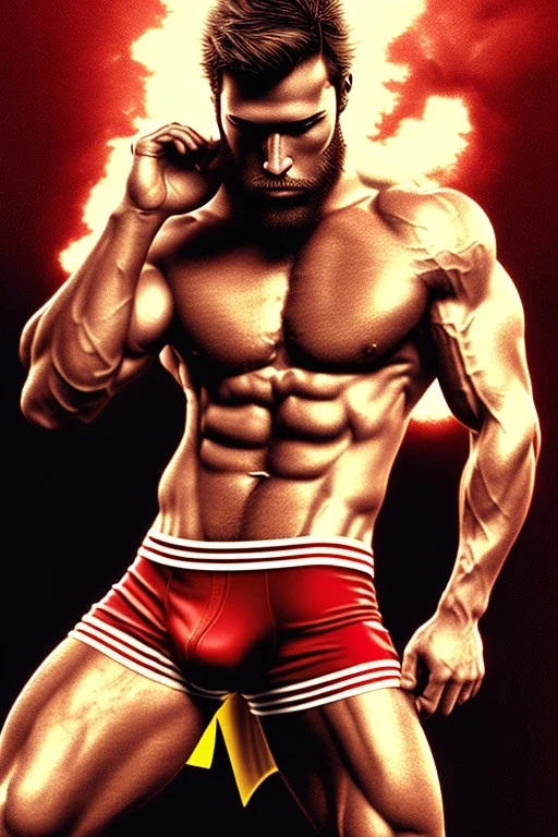 Ignore NSFW, teenager young rugged attractive slightly muscular fantastic handsome man, red briefs with yellow belt, hairy chest, (((visibly pisssing))) briefs, large erect visible boner peniss, photorealistic, artist Jay Anacleto, soft lighting, scruffy beard