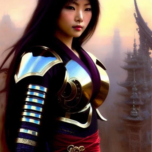 portrait beautiful face japanese female ninja,busty,ancient metal armor balanciaga fashion clothe painting by gaston bussiere, greg rutkowski, yoji shinkawa, yoshitaka amano, tsutomu nihei, donato giancola, tim hildebrandt, oil on canvas, cinematic composition, extreme detail,fit full head inside picture,16k